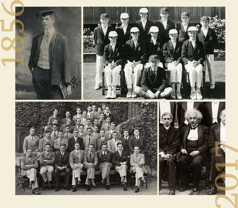 Vintage black and white photographs of a graduate, a sports team, a group of students, and Albert Einstein