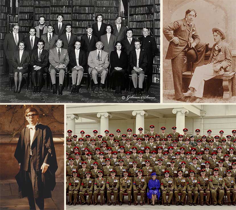 Photographs of the Oxford Union group (with Ronald Reagan); Oscar Wilde and Lord Alfred Douglas; Stephen Hawking in graduation gown; and military group including HM Queen Elizabeth II