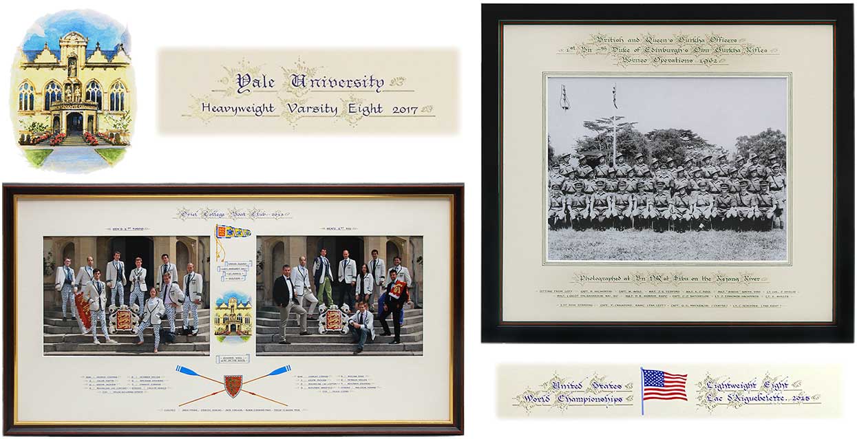Photograph of a framing rowing team double mount with hand calligraphy
